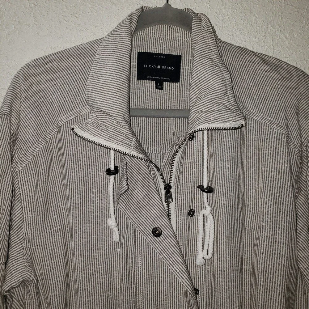 Lucky Brand Sz L Women's Linen Blend Striped Jacket Full Zip Waist Drawstring - Picture 2 of 12